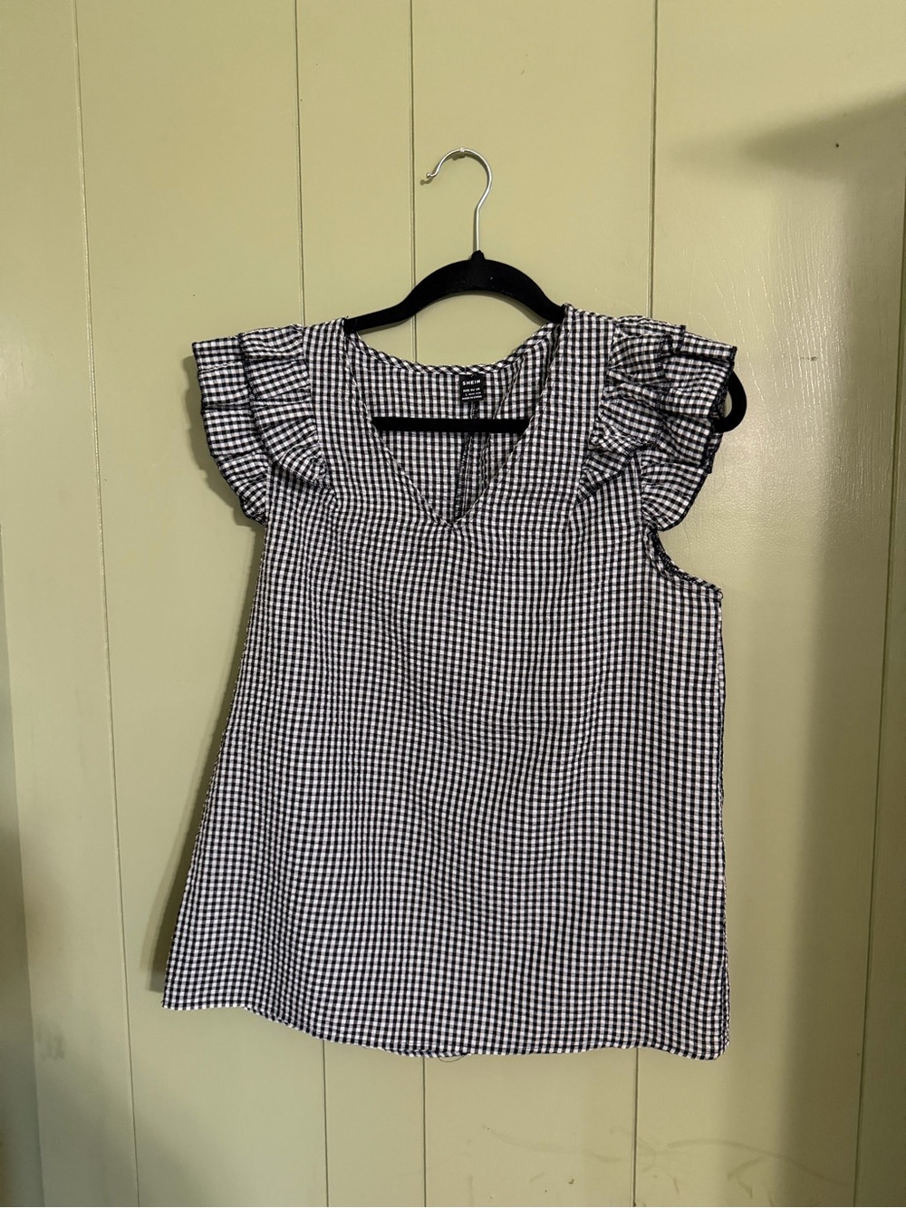 SHEIN Black & White Gingham Ruffle Sleeve V-Neck Blouse